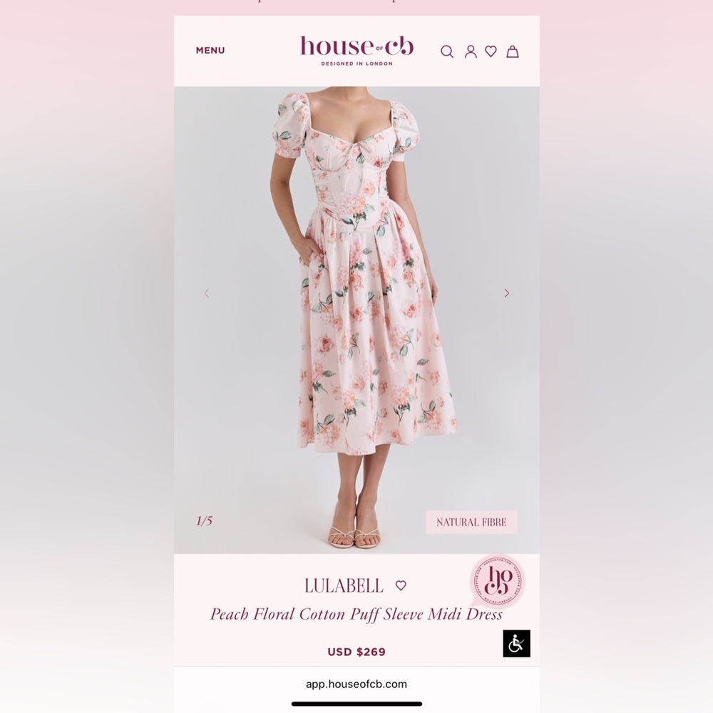 House of CB Lulabell Peach Floral Cotton Puff Sleeve Midi Dress (Price Firm)